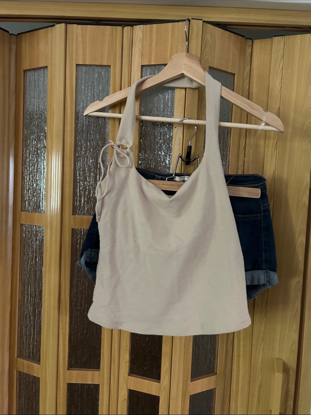 Vibrant Denim Shorts and Wild Fable Beige Halter Too 2 pieces